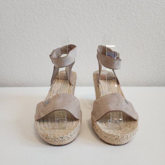 Tory Burch Bima 2 Tan Suede Wedge Jute Espadrille Ankle Strap Sandals Heels 8 - Picture 4 of 12